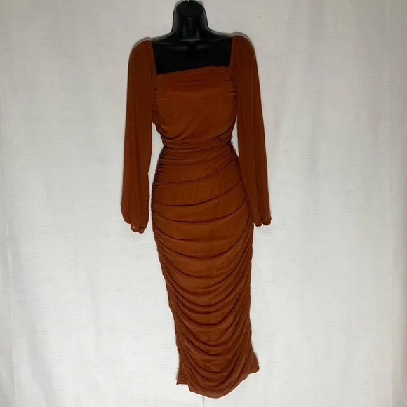Fashion Long Puff Sleeve Ruched Midi Bodycon Dress Sexy Mesh Dress Size M - Picture 5 of 10